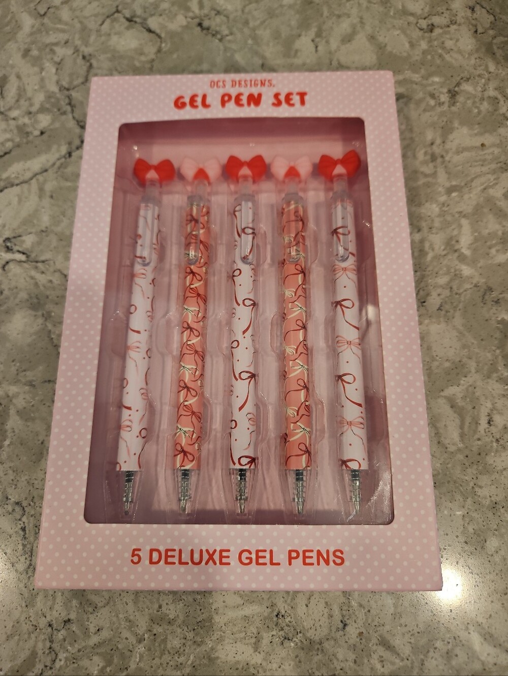 NEW OCS Designs Pink Bow 🎀 Pink & Red Gel Pen Set - 5 Deluxe Pens